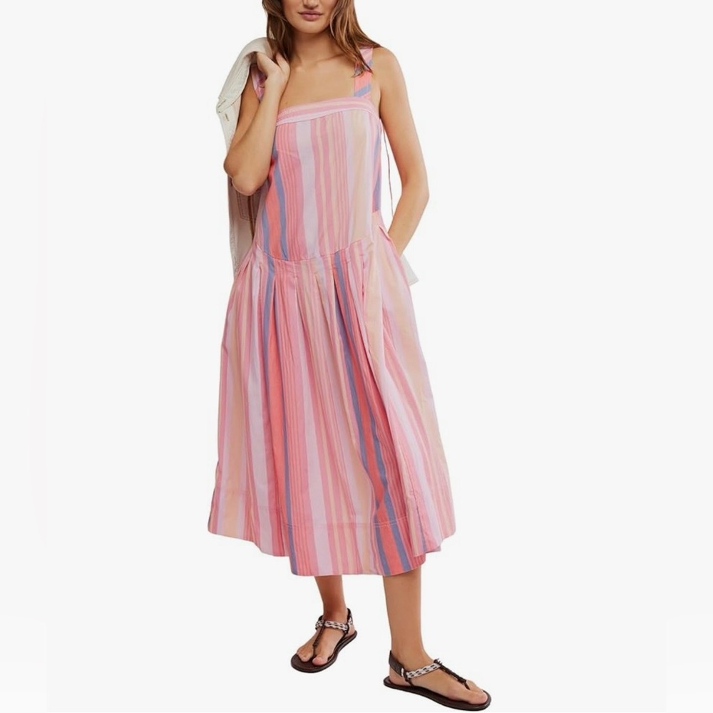 FREE PEOPLE Primavera Stripe Cotton
Midi Dress Sz. M.  NWT color pink - Picture 2 of 13